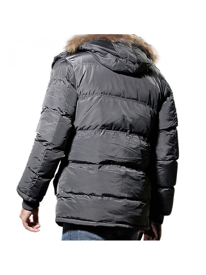 Mens Winter Windproof Multi Pockets Zipper Buttons Solid Color Furry Hood Warm Padded Jacket Parka