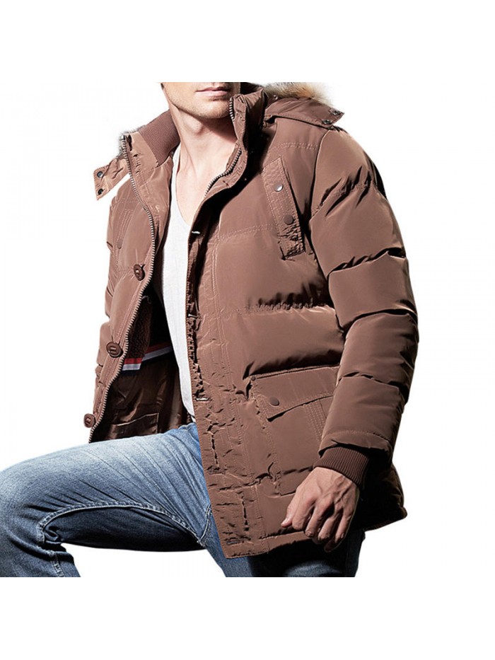 Mens Winter Windproof Multi Pockets Zipper Buttons Solid Color Furry Hood Warm Padded Jacket Parka