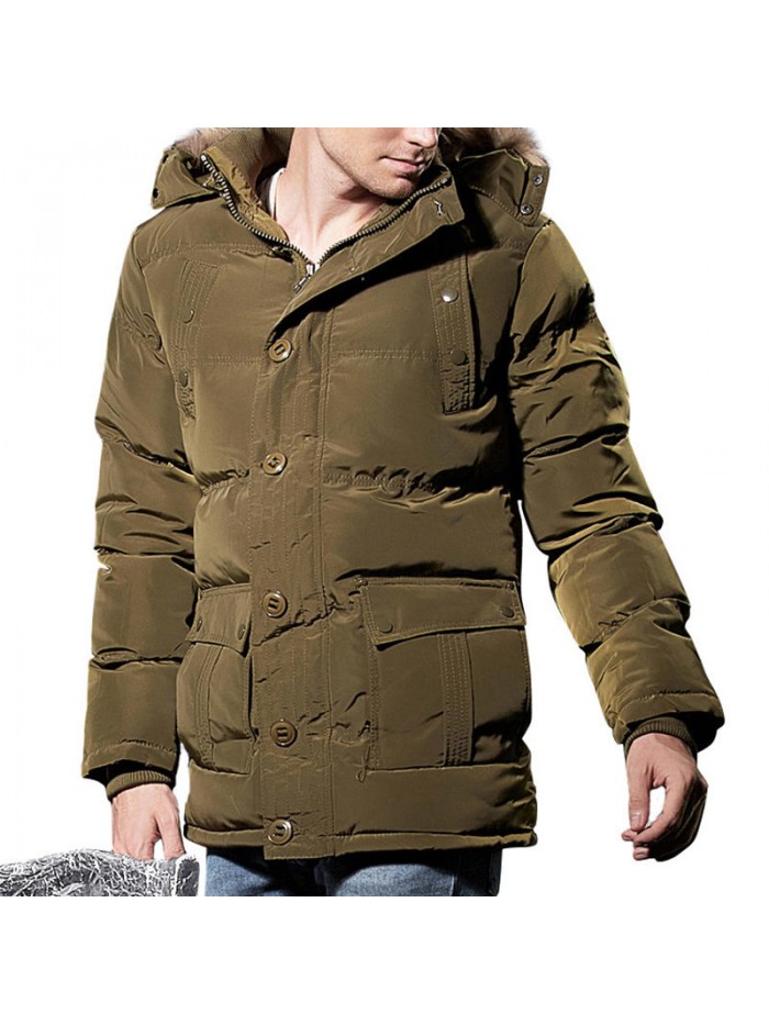 Mens Winter Windproof Multi Pockets Zipper Buttons Solid Color Furry Hood Warm Padded Jacket Parka