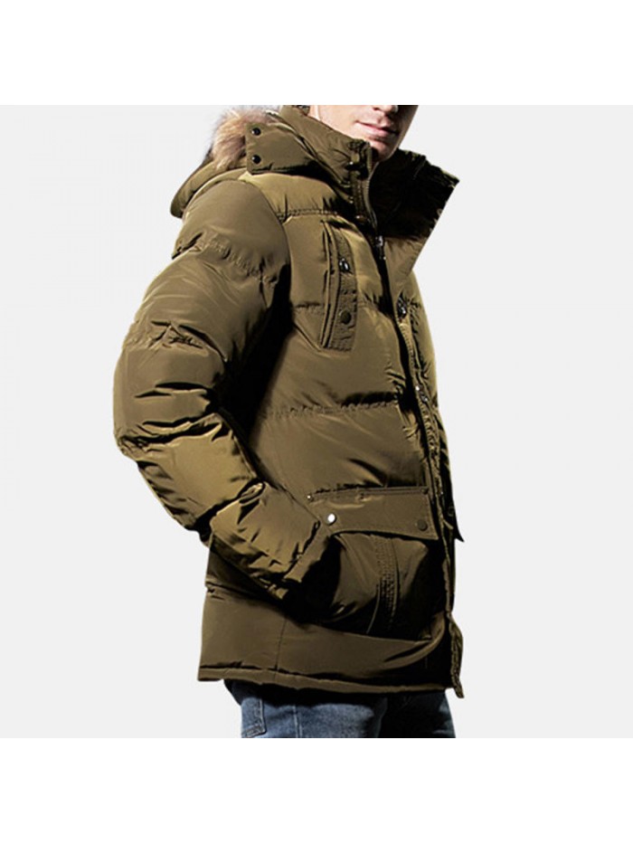 Mens Winter Windproof Multi Pockets Zipper Buttons Solid Color Furry Hood Warm Padded Jacket Parka