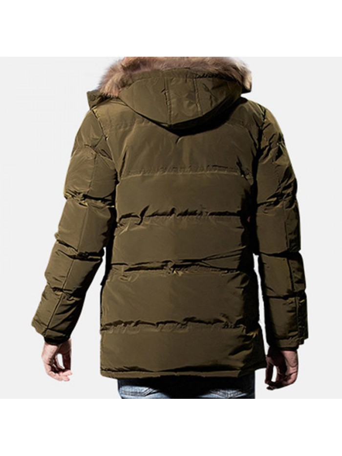 Mens Winter Windproof Multi Pockets Zipper Buttons Solid Color Furry Hood Warm Padded Jacket Parka