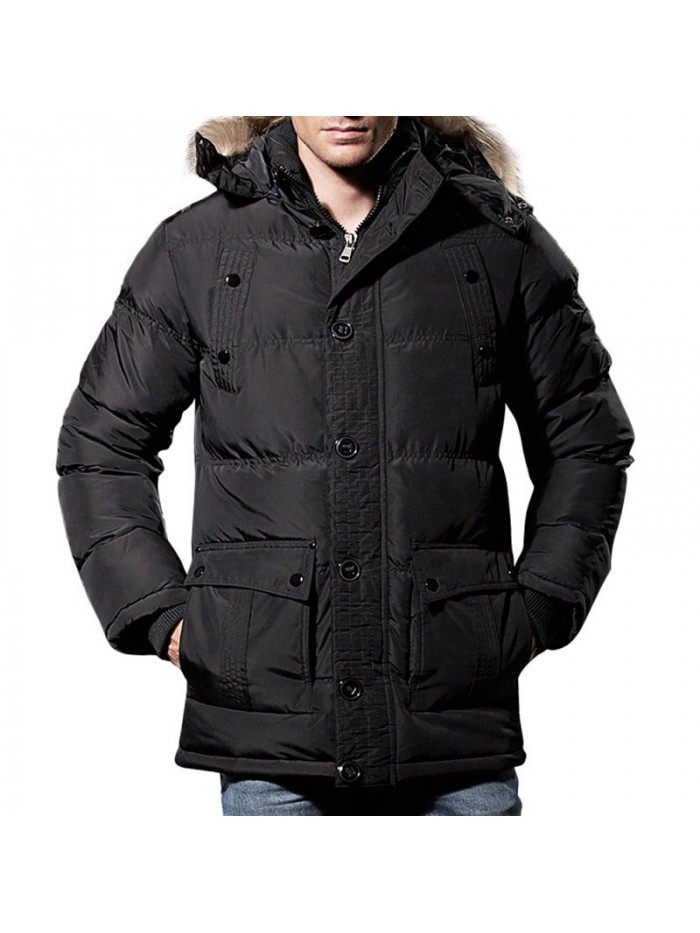 Mens Winter Windproof Multi Pockets Zipper Buttons Solid Color Furry Hood Warm Padded Jacket Parka