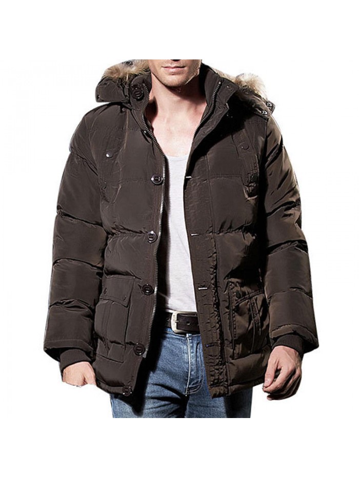 Mens Winter Windproof Multi Pockets Zipper Buttons Solid Color Furry Hood Warm Padded Jacket Parka