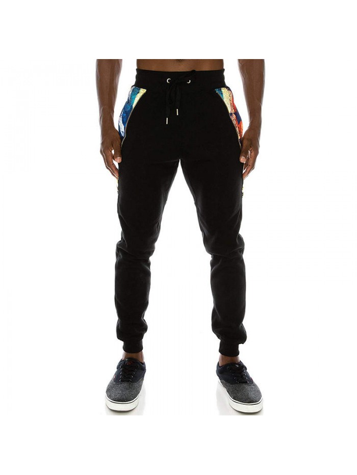 Mens 3D Priting Elastic Waist Drawstring Jogging Pants Side Zipper Pockets Trousers