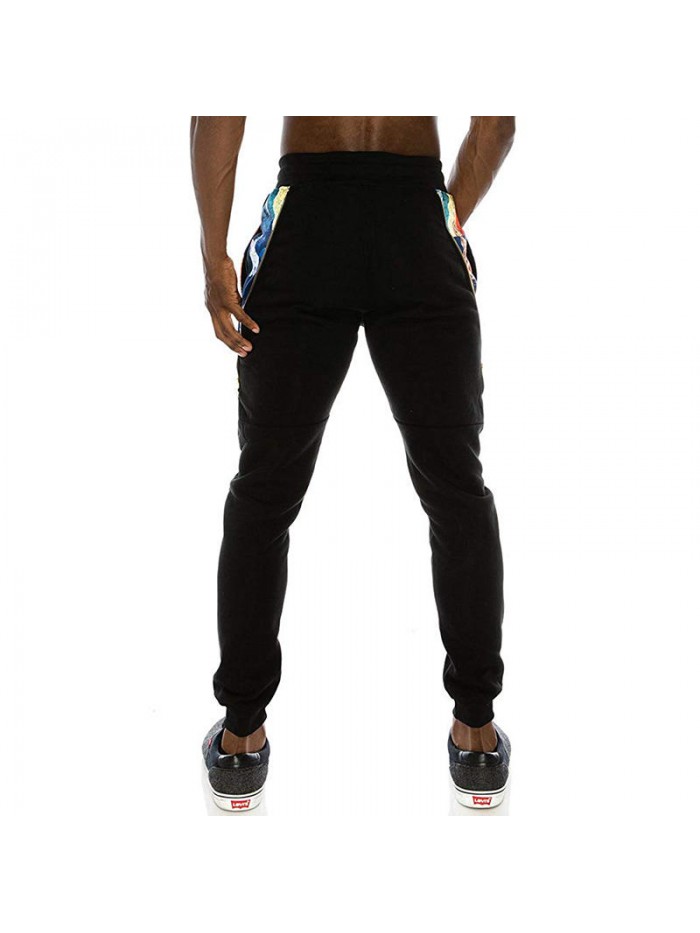 Mens 3D Priting Elastic Waist Drawstring Jogging Pants Side Zipper Pockets Trousers