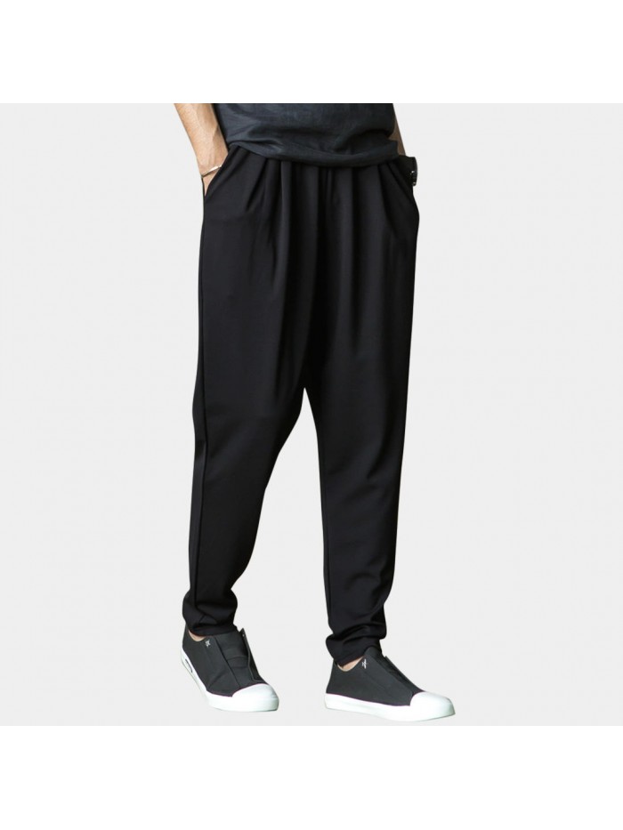 Mens Casual Breathable Knit Pockets Elastic Waist Pants Comfy Solid Color Harem Pants