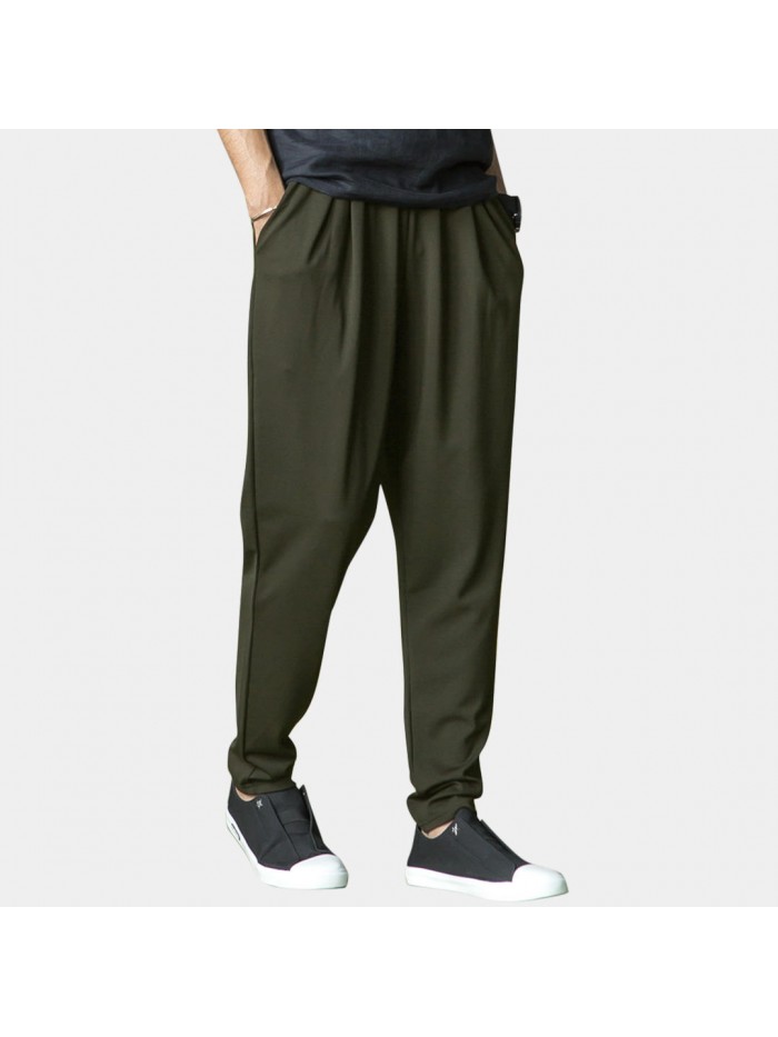 Mens Casual Breathable Knit Pockets Elastic Waist Pants Comfy Solid Color Harem Pants