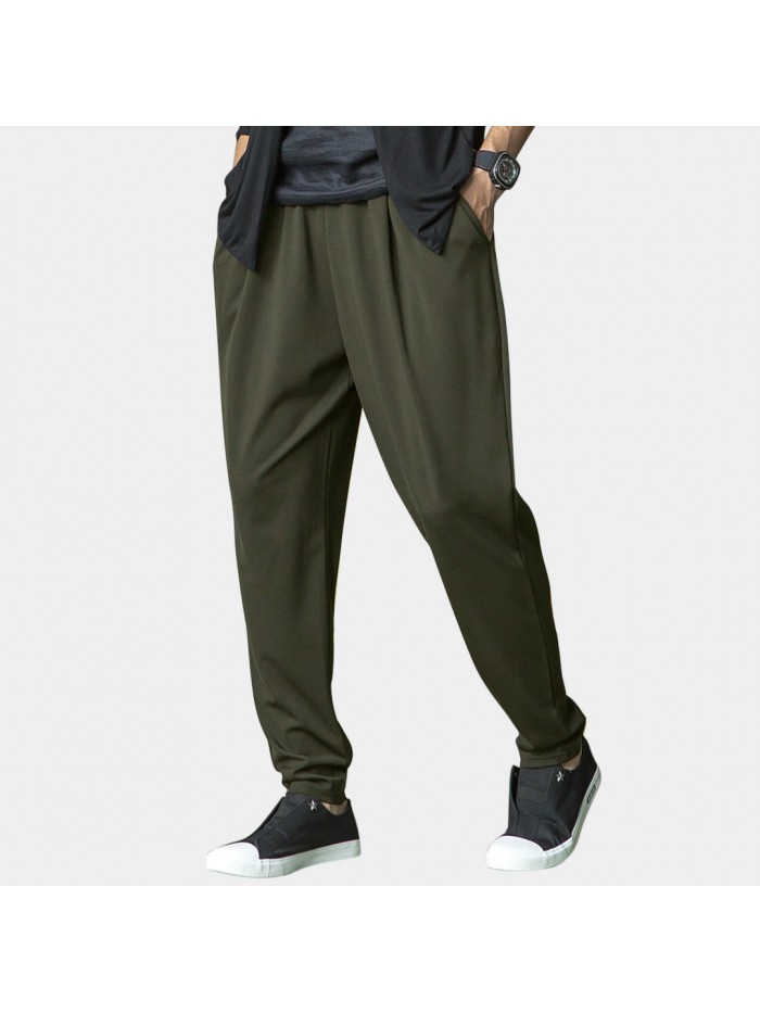 Mens Casual Breathable Knit Pockets Elastic Waist Pants Comfy Solid Color Harem Pants