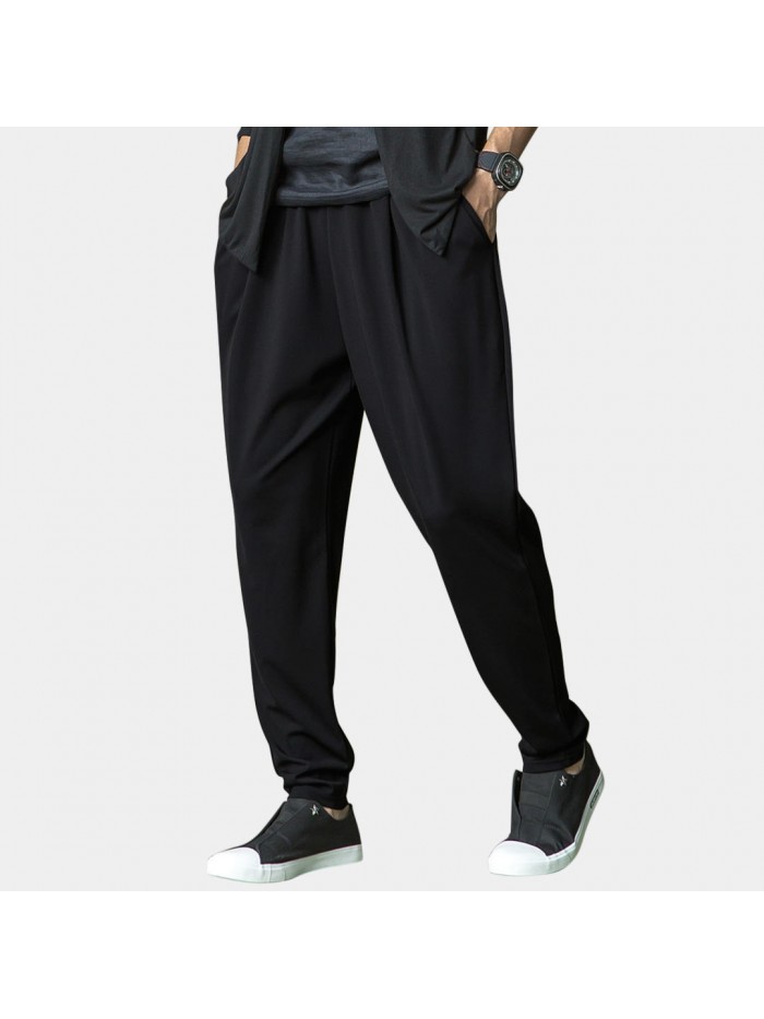 Mens Casual Breathable Knit Pockets Elastic Waist Pants Comfy Solid Color Harem Pants