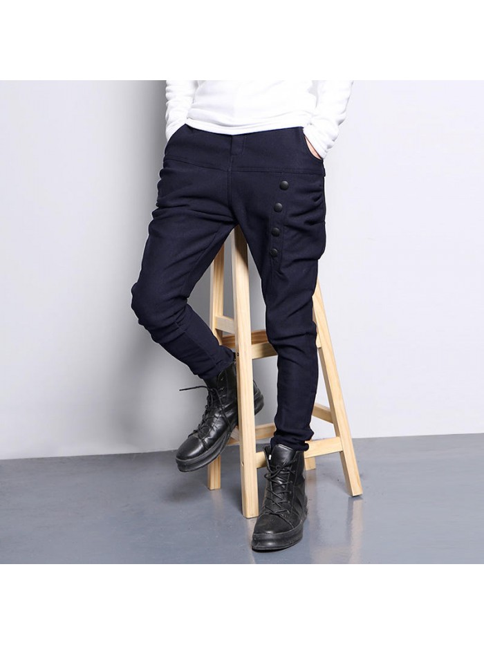 Mens Fleece Warm Harem Pants Elastic Solid Color Slim Fit Casual Pencil Pants