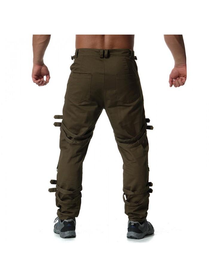 Mens Casual Personalized  Fashion Iron Chain Zipper Design Cotton Straight Cargo Pants