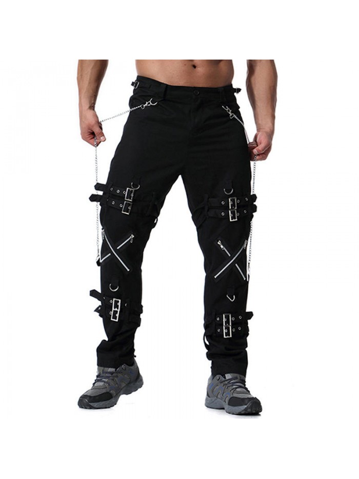 Mens Casual Personalized  Fashion Iron Chain Zipper Design Cotton Straight Cargo Pants