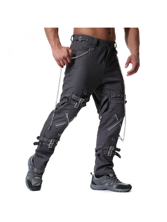 Mens Casual Personalized  Fashion Iron Chain Zipper Design Cotton Straight Cargo Pants