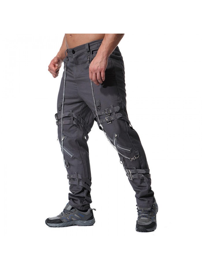 Mens Casual Personalized  Fashion Iron Chain Zipper Design Cotton Straight Cargo Pants