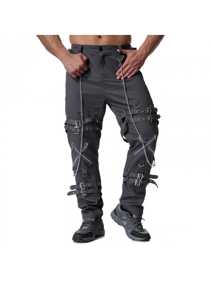 Mens Casual Personalized  Fashion Iron Chain Zipper Design Cotton Straight Cargo Pants