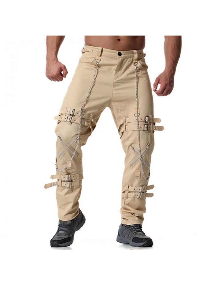 Mens Casual Personalized  Fashion Iron Chain Zipper Design Cotton Straight Cargo Pants