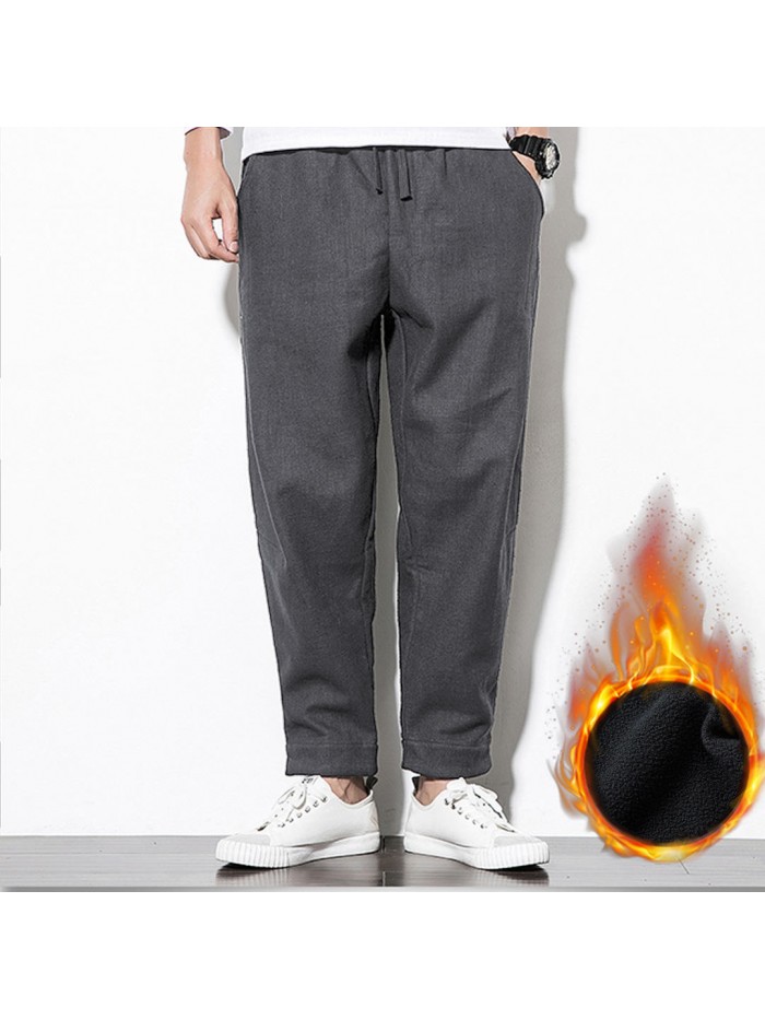 Mens Fleece Lining Thick Warm Winter Cotton Pants Elastic Waist Trousers