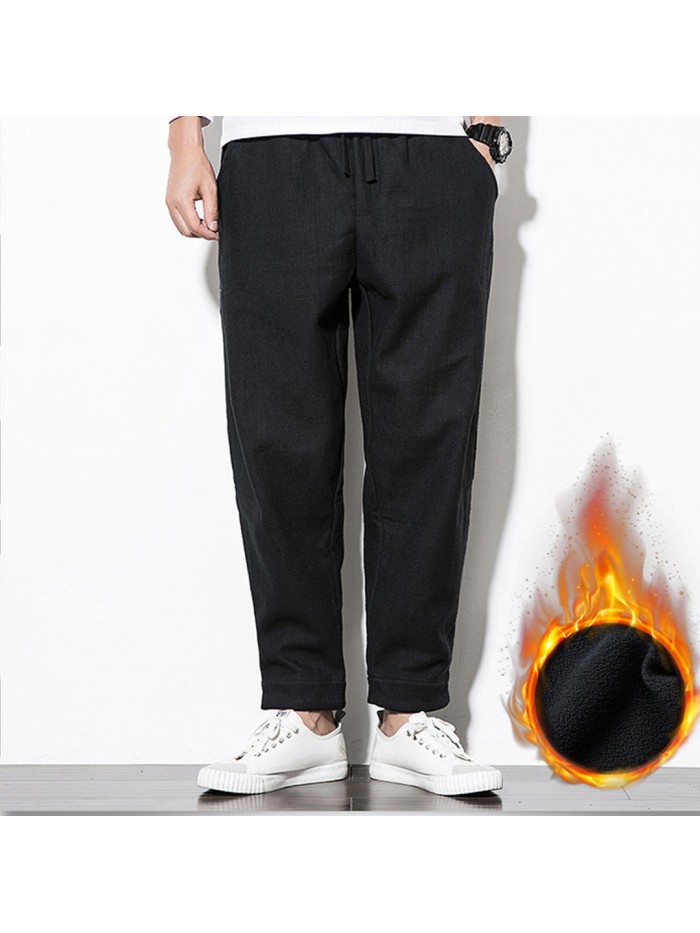 Mens Fleece Lining Thick Warm Winter Cotton Pants Elastic Waist Trousers