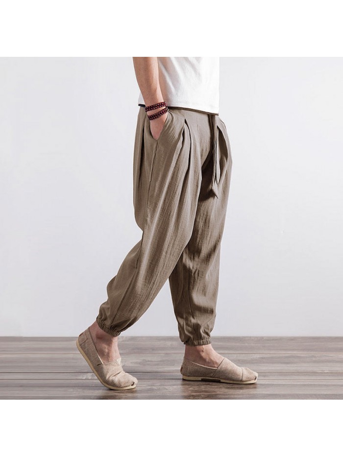 Mens Nnational Sweatpants Loose Cotton Linen Pants Casual Hip Hop Trousers