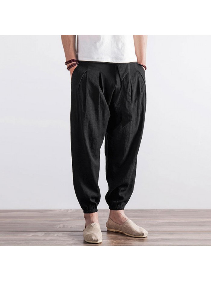 Mens Nnational Sweatpants Loose Cotton Linen Pants Casual Hip Hop Trousers