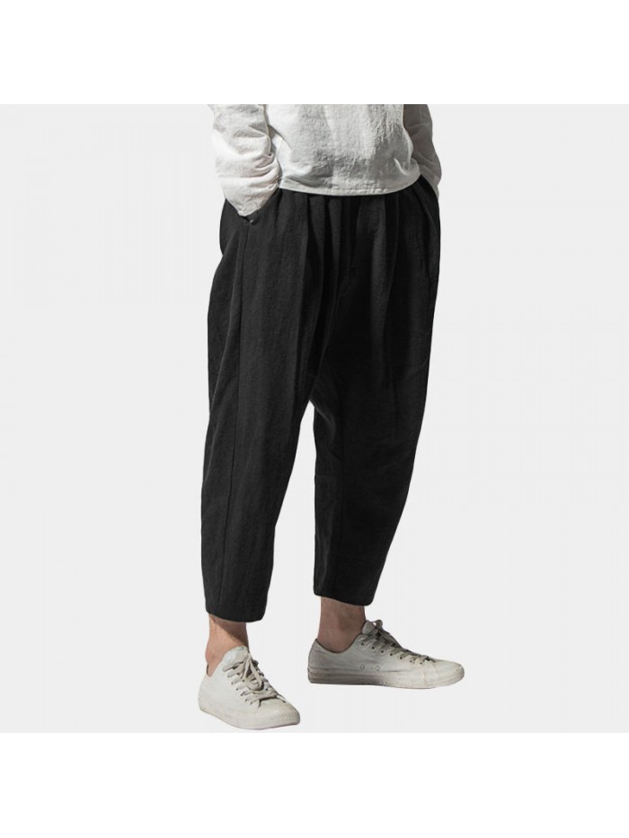 Mens Vintage Cotton Brief Solid Color Breathable Loose Elastic Waist Casual Harem Pants